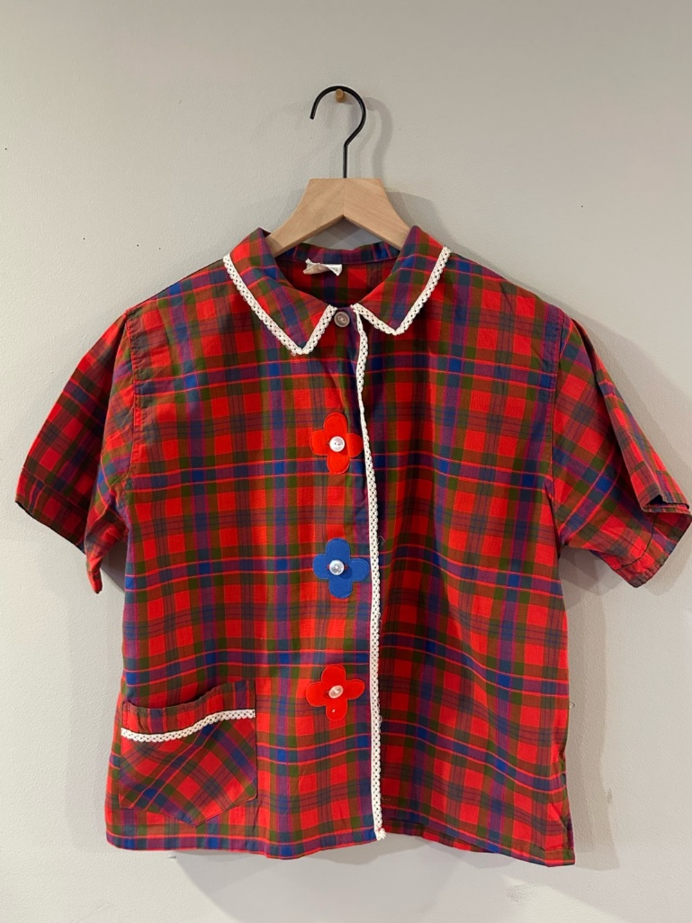 Vintage Red Plaid Short Sleeve Shirt with Lace and Floral Details